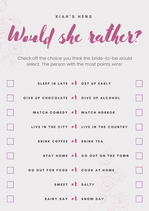 Bridal shower, Hens party or Bachelorette party printable game: Would she rather  A fun way to interact with everyone and get the party started!  HOW IT WORKS!  - Purchase my product and leave in the comments or note the name of the future bride/hen - A email will be sent to you with a printable file for the special day!  ( For any special requests, colour changes etc please also leave them in the notes ) Hen Party Games Printable, Purple Quinceanera Ideas, Hens Party Games, Fun Bachelorette Party Games, Hen Games, Engagement Party Games, Bridesmaid Brunch, Bachelorette Inspo, Would She Rather