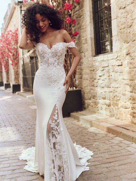 Adeline by Rebecca Ingram Wedding Dresses and Accessories Satin Sheath Wedding Dress, Lace Sheath Wedding Dress, Rebecca Ingram Wedding Dresses, Rebecca Ingram, Sheath Wedding Dress Lace, Bridal Gown Styles, Ivory Gown, Maggie Sottero Wedding Dresses, Sheath Wedding