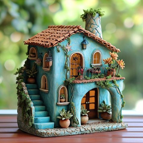 Behold micro masterpieces in the form of handmade clay miniature dwellings, each one a testament to the skill and passion of our artisans. Cute Miniature House, Miniature Clay Art, Polymer Clay House, Miniature Home, Handmade House, Fairy House Crafts, Clay House, Clay Fairy House, Pottery Houses