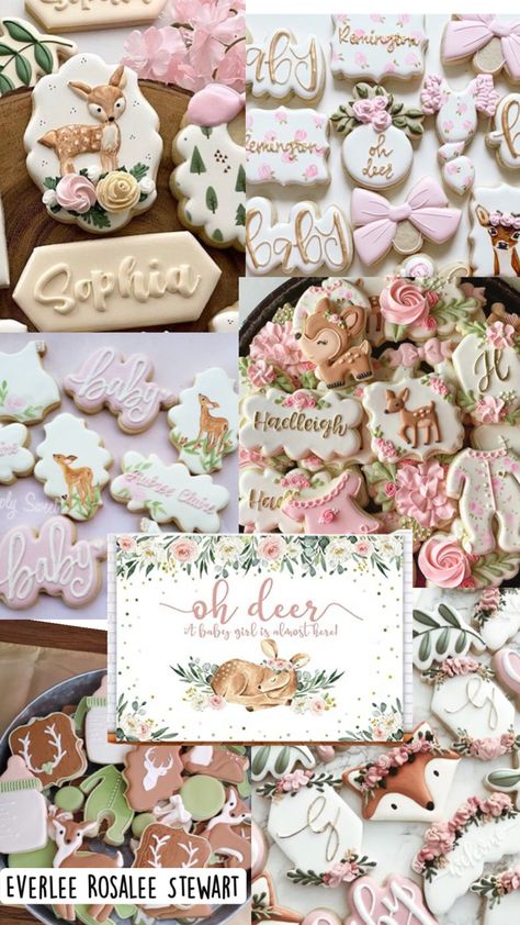 Woodland deer girl baby shower custom sugar cookie Deer Baby Shower Girl, Girl Woodland Baby Shower, Woodland Baby Girl, Deer Theme, Girl Shower Themes, Deer Girl, Deer Baby Showers, Girl Woodland