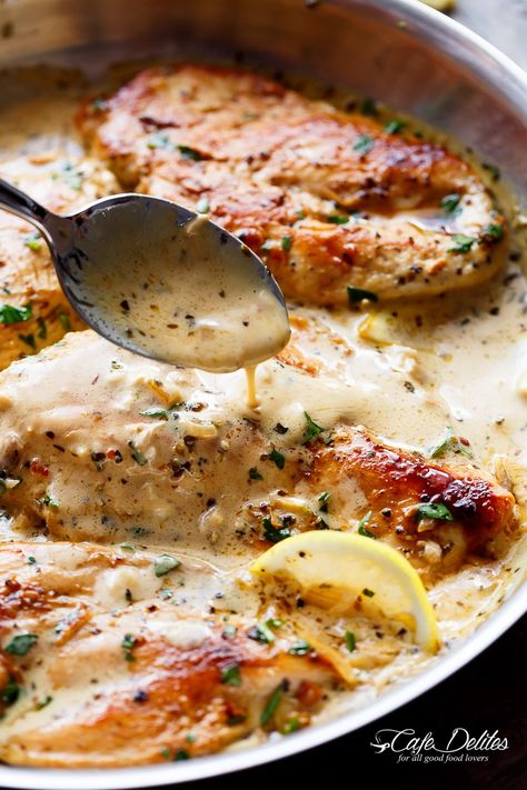 Lemon Chicken Scallopini with Lemon Garlic Cream Sauce combines two recipes into one: lemon garlic chicken AND a lemon garlic cream sauce to keep the flavours going! | https://cafedelites.com Lemon Garlic Cream Sauce, Garlic Cream Sauce Recipe, Continental Recipes, Chicken Scallopini, Garlic Cream Sauce, Creamy Garlic Sauce, Cream Sauce Recipes, Cafe Delites, Cooking Cream