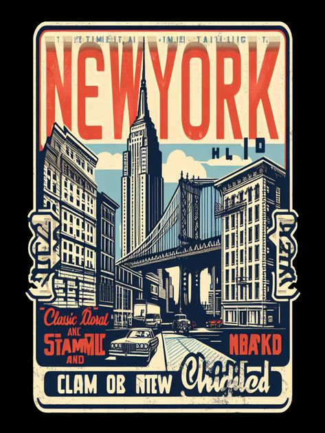 Vintage New York City Skyline illustration featuring iconic landmarks in sepia tones, including the Empire State Building and Brooklyn Bridge. Vintage City Posters, New York Illustration Art, New York Old Money, New York Graphic Design, New York City Illustration, Nyc Poster, New York Illustration, City Aesthetics, City Posters