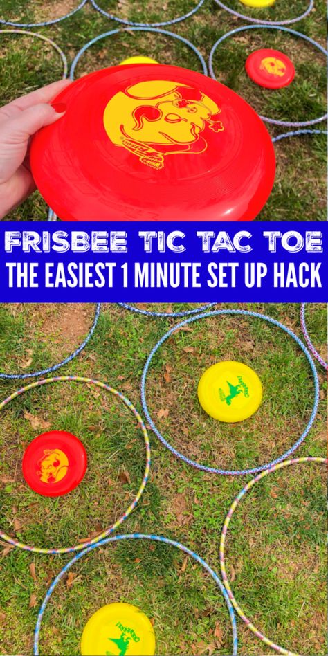 Frisbee Tic Tac Toe Yard Game is a fun and easy outdoor life size game. Head to the Dollar Tree for the supplies for hours of fun! #passion4savings #tictactoe #frisbee #huluhoop #fun #outdoor #lifesize #giant #outdoorgame #game #summer Large Outdoor Games Diy, Backyard Olympics For Kids, Life Size Games Diy, Tic Tac Toe Carnival Game, Vbs Games Outdoor, Lifesize Games, Human Foosball Diy Outdoor Games, Yard Tic Tac Toe, Frisbee Toss Game Diy