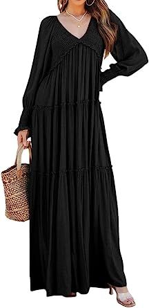 Summer Dresses With Sleeves, Casual Boho Style, Flowy Dress Long, Cute Black Dress, Maxi Dress For Women, Flowy Maxi Dress, Layer Dress, Long Summer Dresses, Vestido Casual