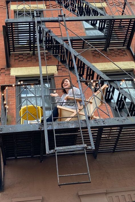 Fire Escape Aesthetic, Bamboo Bath Mats, Vintage Patio, Small Balcony Design, Metal End Tables, Affordable Interior Design, Nyc Studio, Fire Escape, Patio Lighting