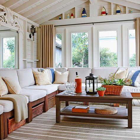 Many sunrooms resemble less outdoor structures than they do finished interior rooms: http://www.bhg.com/home-improvement/porch/sunroom-decorating-and-design-ideas/?socsrc=bhgpin040814keepthestructurecasual&page=14 Orange Room Decor, Cozy Sunroom, Sunroom Furniture, Best Kitchen Design, Orange Rooms, Cottage Coastal, Rustic Farmhouse Living Room, Sunroom Decorating, Headboard Ideas