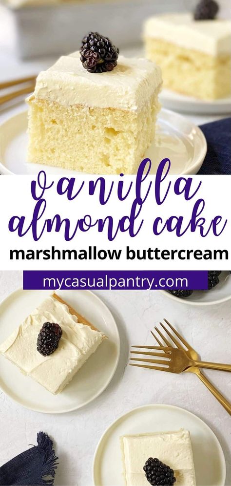 This heavenly vanilla almond cake starts with boxed cake mix and is topped with the most dreamy almond marshmallow buttercream frosting. A touch of almond and vanilla adds a homemade taste. This cake is perfect for casual treats or special occasions alike. White Almond Cake Recipe Easy, Cake Mix Almond Cake, White Cake Mix Recipes Boxed Almond, Almond Wedding Cake Recipe From Mix Boxes, French Vanilla Cake Mix Recipes Boxed, Almond Desserts Easy, Almond Cupcakes From Box Cake, Recipes With Vanilla Cake Mix Boxes, White Box Cake Mix Recipes Ideas