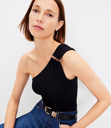 With a sleek, ring-embellished neckline that's effortlessly modern-cool, this soft knit crepe top gives dull style the bold shoulder. Asymmetric neck. Single shoulder strap.,Bullet1:24 1/4" long,Imported:Imported,Fit:Fit: Tight — a close fit that hugs the body,Length:Length: Regular - hits below natural waist,Fabrication:95% Polyester 5% Spandex,Garment Care:Machine Washable Loft Crepe One Shoulder Top Size XL Black Women's by Loft Size Regular - XL Black Women's Crepe, Scoop, Neck, Sleeveless, Black One Shoulder Top Outfit, Top Una Manga, One Strap Top, Shoulder Tops Outfit, One Shoulder Tank Top, Black One Shoulder Top, Embellished Neckline, Crepe Top, Black Sleeveless Top