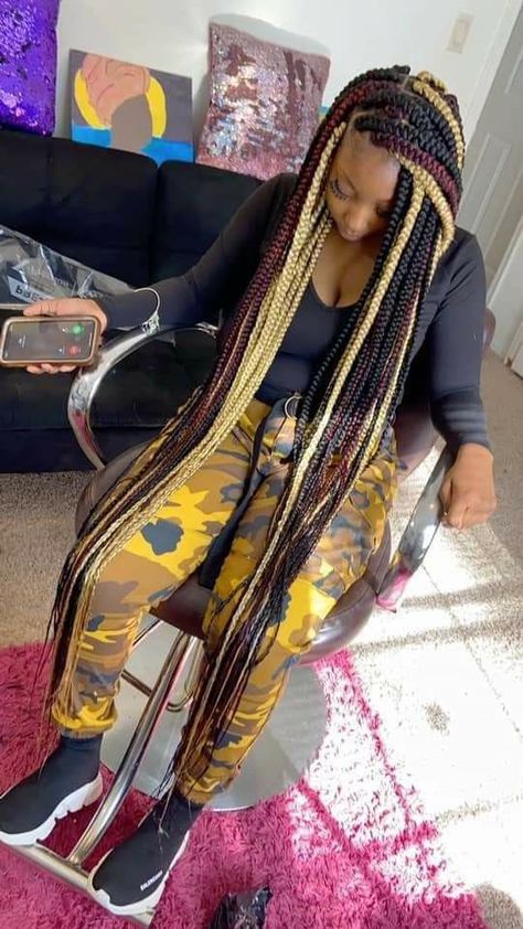 Notlessbox Braids Styles Long Colours, 3 Different Color Box Braids, Extravagant Hairstyles, Girl Braided Hairstyles, Yellow Lipstick, Blue Braids, Colored Box Braids, Black Hair Updo Hairstyles, Big Box Braids Hairstyles