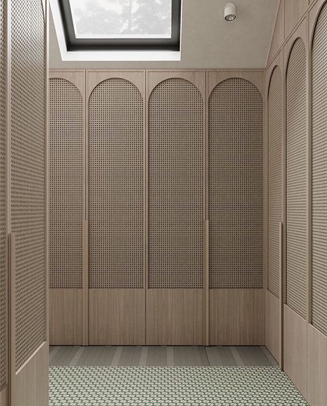 Arch rattan inset detail wardrobe design Wood Closet Doors, Rattan Bedroom, Dream Closet Design, Wardrobe Door Designs, Wardrobe Interior Design, Japandi Interior, Walk In Closets, Wall Closet, Master Room