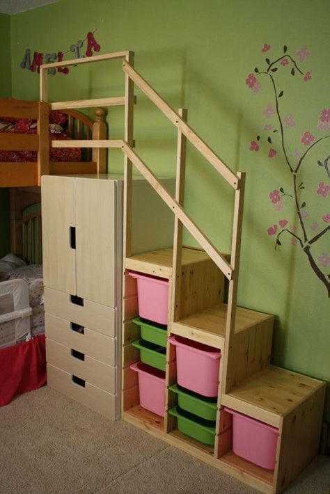 Toy Storage Hacks.  Effective affordable storage systems you can implement in every room in your house Household Organisation Tips Bunk Bed Steps, Loft Bed Stairs, Bunk Bed With Stairs, Bed With Stairs, Ikea Toy Storage, Diy Bunk Bed, Bed Steps, Bunk Beds With Stairs, Bunk Bed Designs