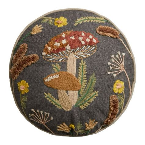 Round Charcoal Embroidered Mushroom Throw Pillow by World Market Dark Cottagecore Decor, Building A Cabin, Dark Cottagecore, Vintage Mushroom, Cottagecore Decor, Mushroom Decor, Wool Applique, Embroidered Pillow, World Market