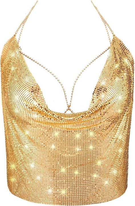 Women Shiny Tank Top Crystal Body Chain Set Sequins Neck Chain Crop Top Shirt Top Bikini with Nipple Cover Double Sided Tape Crystal Body Chain, Chain Crop Top, Body Chain Harness, Thigh Chain, Rhinestone Bra, Leg Chain, Chain Bra, Fringed Belt, Belly Chain