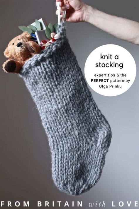 How to knit a Christmas stocking - From Britain with Love Free Knitting Stocking Pattern, Free Stocking Knitting Pattern, Knitting Pattern For Christmas Stocking, Knit Pattern Christmas Stocking, Free Christmas Stocking Knitting Pattern, Chunky Knit Stocking Pattern Free, Stocking Pattern Knit, Diy Chunky Knit Stocking, How To Knit A Stocking For Beginners