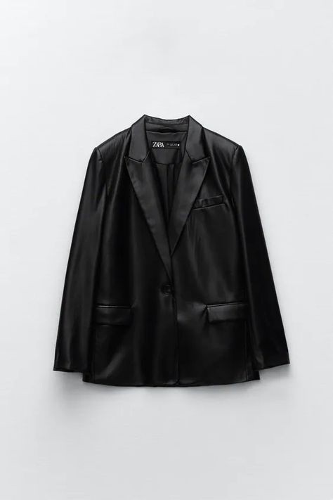 STRAIGHT CUT FAUX LEATHER BLAZER - Black | ZARA United States Casual Elegant Style, Faux Leather Blazer, Capsule Wardrobe Essentials, Hooded Raincoat, Fitted Blazer, Long Sleeve Blazers, Alternative Outfits, Kpop Fashion Outfits, Leather Blazer