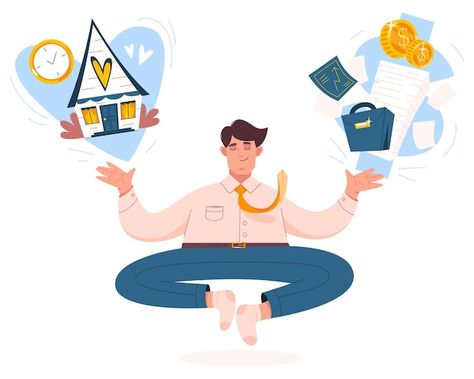 Free vector businessman meditates for ha... | Free Vector #Freepik #freevector #work-life-balance #office-character #business-cartoon #businessman-cartoon Time Management Apps, Work Life Balance Tips, Healthy Workplace, Project Organization, Good Employee, Event Branding, Corporate Party, Work Organization, Mindfulness Practice