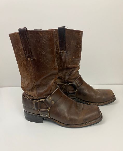 Classic Frye square toe harness boots- brown leather.  **Size label has worn off - approx. size would be size 10 mens See measurements- Boot Height: 11" (heel not included) Length Heel-to-toe--Measuring outside boot: 11-1/4''  Approx Length Inside Heel to Toe: 10.5" Sole Width: 3-3/4" (across ball of foot) Heel Height: 1.5" Toe Shape: square New Soles Leather Boots Men, Mens Brown Boots, Frye Harness Boots, Brown Cowboy Boots, Engineer Boots, Men’s Boots, Mens Cowboy Boots, Harness Boots, Vintage Cowboy