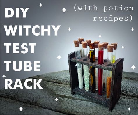 DIY Test Tube Holder (with Potion Recipes): 9 Steps (with Pictures) Halloween Test Tube Decor, Diy Test Tube Holder, Spooky Bottles, Dnd Halloween, Test Tube Crafts, Potion Recipes, Apartment Porch, Diy Skeleton, Test Tube Holder