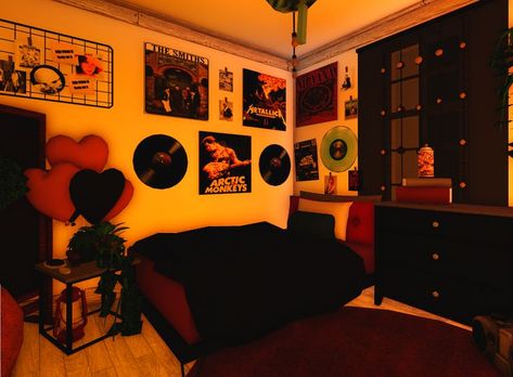 Bloxburg Bedroom Ideas Grunge, Bloxburg Retro Bedroom, Red Bloxburg Room, Grunge House Bloxburg, Arctic Monkeys Decal Codes Bloxburg, Emo Bedroom Bloxburg, Bloxburg Grunge Bedroom, Grunge Bloxburg Room, Bloxburg Emo House