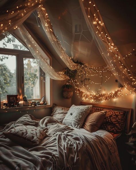 Bedroom Attic Aesthetic, Fall Cozy Bedroom Aesthetic, Hanging Fairy Lights In Bedroom, Cozy Bedroom Aesthetic Fairy Lights, Library Greenhouse, Van Aesthetic, Cozy Attic Bedroom, Aesthetic Cozy Bedroom, Bedroom Aesthetic Cozy