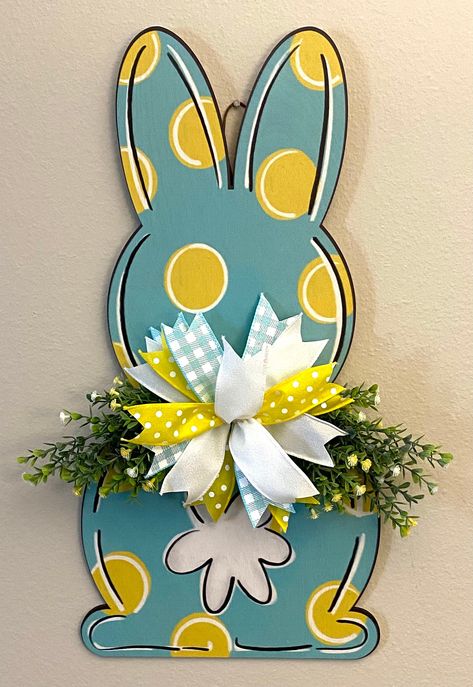 Excited to share this item from my #etsy shop: Turquoise Easter Bunny Door Hanger, Turquoise and Yellow Polka Dot Door Hanger, Easter Bunny Decoration, Blue Easter Bunny Decoration Wooden Bunny Door Hanger, Bunny Sign, Easter Bunny Door Hanger, Easter Egg Door Hanger, Spring Door Hanger, Blue Flower Wreath, Easter Wood Signs, Easter Craft Projects, Bunny Door Hanger