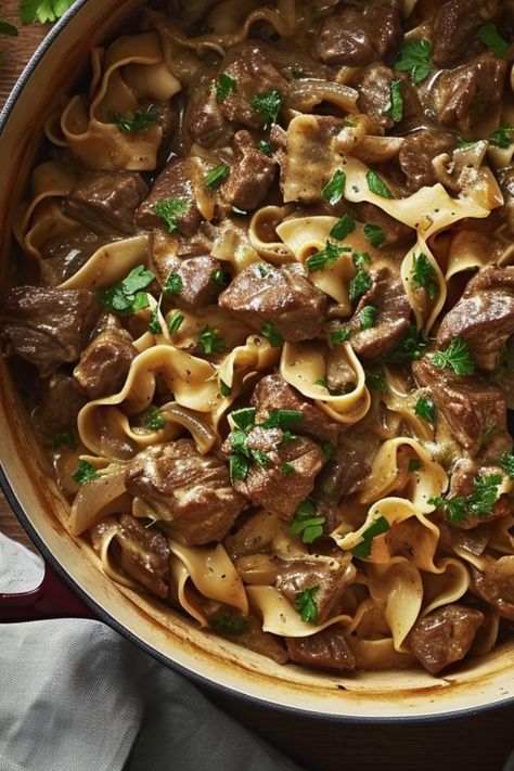 Slow Cooked Dutch Oven Beef Stroganoff Dutch Oven Beef Stroganoff, Oven Beef Stroganoff, Chuck Roast Dutch Oven, French Onion Beef Stew, Oven Steak Recipes, Dutch Oven Beef Stew, Dutch Oven Recipes Cast Iron, Oven Beef Stew, Dutch Oven Beef