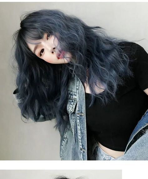 Wavy Hair Color, Ash Blue Hair, Boho Wedding Hair Accessories, Hidden Hair Color, Ulzzang Hair, Dark Blue Hair, Hair Color Underneath, Boho Wedding Hair, Long Curly Wig