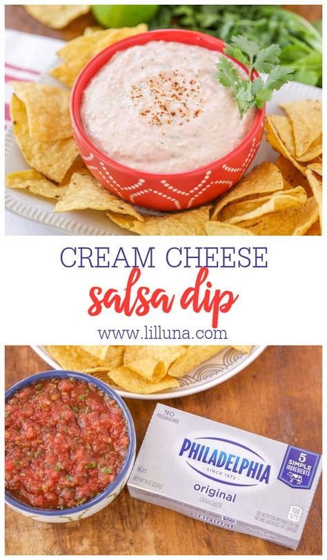 Mexican Cream Cheese Dip, Cheese Salsa Dip, Cream Cheese Salsa Dip, Easy Cream Cheese Recipes, Salsa Dip Recipe, Sweet Salsa, Quick Salsa, Dip For Tortilla Chips, Cream Cheese Recipes Dip