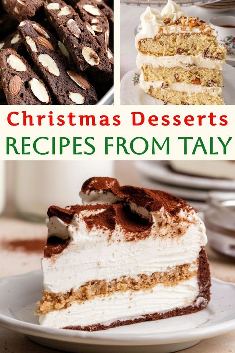 This image highlights three delicious **Italian Christmas desserts**: chocolate almond biscotti, a layered cake with whipped cream and nuts, and a rich tiramisù cake slice. These festive **recipes from Italy** are perfect for holiday gatherings, blending traditional flavors with elegant presentation. Italian Christmas Decorations Ideas, Christmas Italian Desserts, Italian Desserts Christmas, Show Stopping Desserts, Light Winter Desserts, Lemon Christmas Dessert, Italian Christmas Dessert Recipes, Elegant Christmas Cookies, Elegant Christmas Desserts