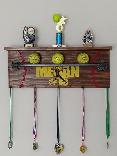 Softball Room, Baseball Holder, Softball Ideas, Trophy Shelf, Softball Crafts, Trophy Display, Baseball Crafts, Baseball Room, Award Display