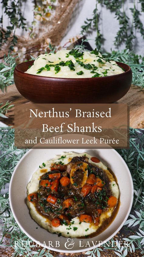 Celebrate the gods of Norse Mythology with these recipes inspired by Nerthus, the earth goddess. Beef shanks slowly braised in ale are paired with a creamy cauliflower leek purée as the perfect culinary offering to honour this ancient Norse Goddess. This dish is incredible tender and flavourful, perfect for a special dinner occasion. Norse Food Recipes, Ancient Recipes Food, Braised Beef Shanks, Viking Bar, Viking Recipes, Beef Shanks, Lotr Party, Historical Food, Viking Food