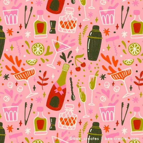 Remember this one? I loved it so much I created a whole pattern collection with it! This Cocktail Party pattern is now available for licensing along with the rest of my Pink Champage collection 🥂 #surfacedesigner #surfacepatterndesign #surfacepatterndesigner #surfacepattern #artlicensing #freelanceillustrator #freelanceillustration #pinkparty Cocktail Party Illustration, Food Pattern Illustration, Cocktail Pattern Illustration, Retro Pink Pattern, Retro Cocktail Illustration, Journal Background, Pink Seamless Pattern, Food Pattern, Senior Thesis