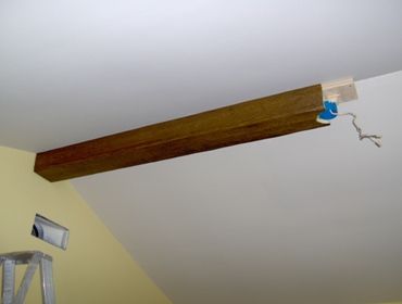 Vaulted Ceiling, Faux Wood Beam, Ceiling Fan? - Electrical, etc Diy Ceilings, Ceiling Fan Living Room, Fan Living Room, Vaulted Ceiling Beams, Faux Ceiling Beams, Bedroom Lighting Diy, Fan Diy, Beam Ceiling, Ceiling Fan Makeover