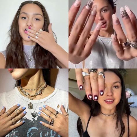 Olivia Rodrigo Nails, Celeb Nails, Pan Ouat, Olivia Rodriguez, Hoco Nails, Olivia Lyrics, Colored Roses, Olivia + Core + Aesthetic, Summery Nails