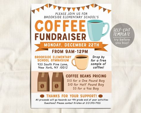 "Coffee Fundraiser Flyer Editable Template THIS IS A TEMPLATE WHICH YOU CAN EDIT ON YOUR BROWSER- NO PHYSICAL PRODUCT WILL BE SHIPPED ❤️ EDITABLE TEMPLATE  - 8.5x11\"  - Edit immediately right from your browser - Personalize most text, fonts, & colors - Change size, placement, or delete elements completely - Upload your own logo or image ------------------------------------ ⭐️➡️ TRY THIS TEMPLATE BEFORE BUYING ⬅️⭐️ Copy + Paste this DEMO link into your browser:  https://templett.com/design/demo/puffpaperco/17436104,13860667 ------------------------------------ ❤️ HOW THIS WORKS 1. Purchase the template in this listing. 2. You will receive a link in your email from TEMPLETT (not Etsy).  ➡️ Please make sure the email linked to your Etsy account is up-to-date. 3. Follow the link to access you Coffee Fundraiser Ideas, Fundraiser Ideas School, Fccla Ideas, Coffee Fundraiser, Pto Flyers, Silent Auction Fundraiser, Pta School, Fundraiser Flyer, Fundraiser Ideas