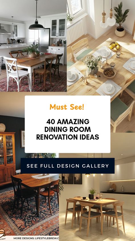 Explore 40 stunning dining room renovation ideas through 4 engaging images that showcase various styles and décor trends for transforming your dining space. Dining Room Ideas Eclectic, Alternate Uses For Dining Room, Dining Room Layout Ideas, Room Renovation Ideas, Antique Dining Room Furniture, Dining Room Layout, Dining Corner, Dining Room Renovation, Unique Dining Room