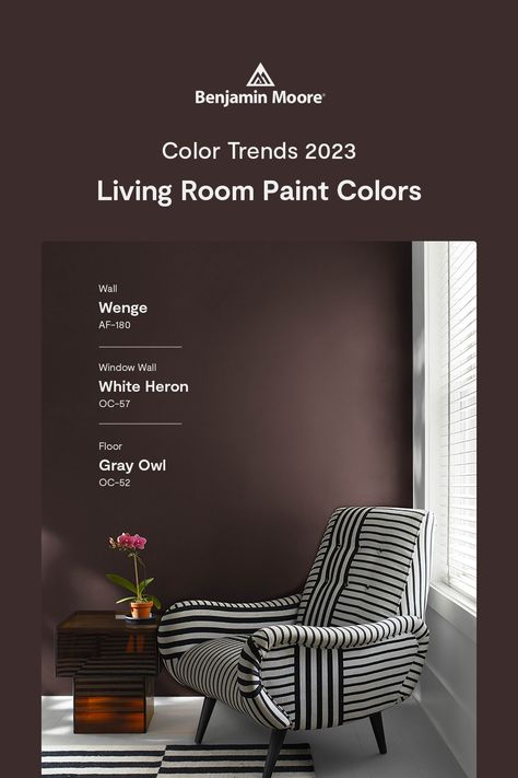 Bring a small living room to life with the hues of the Color Trends 2023 palette, like Wenge AF-180, a deep chocolate with hints of brown, black and violet. Wenge Color Palette, Chocolate Brown Walls Living Room, North Facing Paint Colors, Purple Brown Paint, Wenge Benjamin Moore, Dark Brown Walls Living Room, Brown And Black Living Room, 2023 Palette, Chocolate Living Rooms