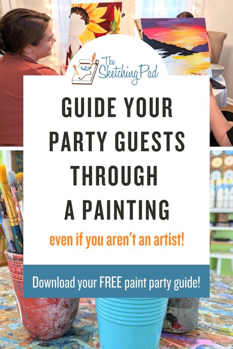 You don't have to be an artist to hosing your very own painting party! Here we show you exactly how easy it to guide your guest through a painting from start to finish! Download your free Painting Party Guide: https://www.thesketchingpad.com/paintingpartyguide.html Paint Party Business, Outdoor Paint Party, Paint Night Ideas Parties, Painting Party Ideas Canvases, Canvas Painting Party Ideas For Adults, Paint Class Ideas, Paint Party Ideas For Adults, Painting Party Ideas For Adults, Op Painting