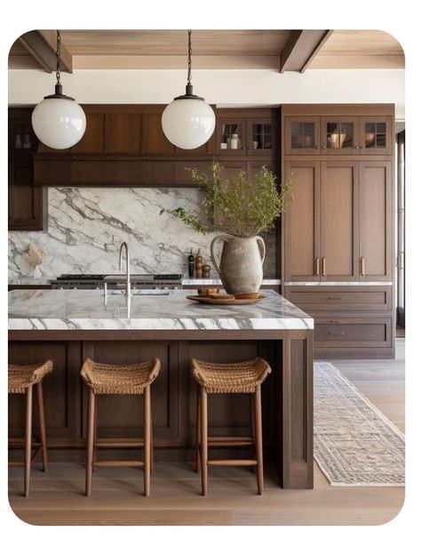 Kitchen With Brown Cabinets, 2024 Lifestyle, Dark Wood Kitchens, 2024 Kitchen, American Farmhouse, Brown Kitchens, Kitchen Farmhouse, Kitchen Inspiration Design, Kitchen Trends