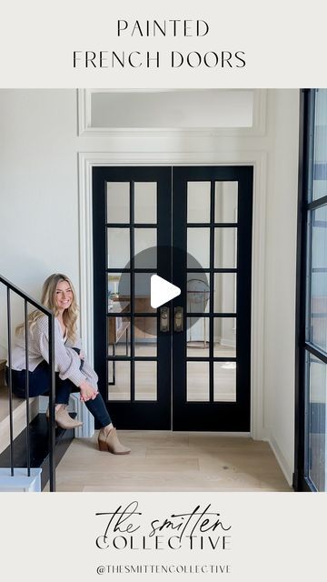 Krystal Smit on Instagram: "I didn't DIY much (ok, really any) of our greater remodel, but I did paint these french doors black and I'm obsessed! And it was made pretty easy by using this magical masking liquid (and extremely satisfying peeling it off). Like an old school face mask for your window panes 💁🏼‍♀️ I finished them off with new vintage inspired brass knobs, and love how they turned out! 🖤  If you're tackling a project like this, or windows, or even something like a mirror - you need this stuff! . . . . . . . #diyproject #frenchdoors #paintitblack #diyinspiration #beforeandafter #diy" Paint French Doors Black, Interior French Door Ideas, Black French Doors Interior, Black Front Door Interior, French Doors Black, Black French Door, Masking Liquid, Painted French Doors, Office French Doors