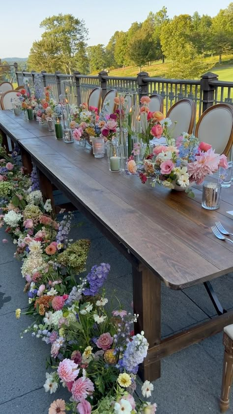 Bridal Luncheon Floral Centerpieces, Table Landscape Ideas, Vintage Floral Party Theme, Spring Inspired Wedding Decor, Wildflower Bridal Party Theme, Low Wildflower Centerpiece, Wedding Themes Flowers, May Garden Wedding, Flowers For Party Tables