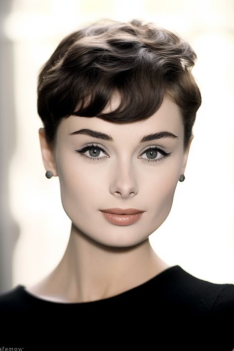 The classic pixie hairstyle inspired by Audrey Hepburn exudes elegance and suits face shapes including oval faces. This timeless haircut is particularly flattering for fine hair and requires minimal maintenance. Click here to check out more cute pixie haircuts trending for 2023. Audrey Hepburn Pixie Haircut, Short Elegant Haircut, Short Haïr Cut For Oval Face, Audrey Hepburn Haircut, Pixie Cut Oval Face, Pixie Haircut Wavy Hair, Audrey Hepburn Short Hair, Pixie Cuts For Oval Faces, Short Pixie Haircuts For Fine Hair