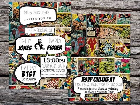 Marvel Wedding Theme, Super Hero Wedding, Spiderman Wedding, Avengers Wedding, Marvel Wedding, Comic Book Wedding, Mr And Mrs Jones, Batman Wedding, Superhero Wedding