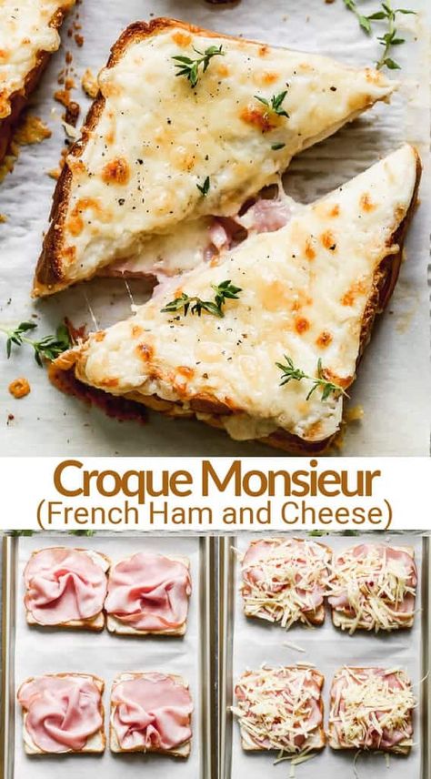 Croque Monsieur is a delicious French ham and cheese sandwich made with gruyere, parmesan, ham and a simple béchamel sauce, toasted in the oven. #hamandcheese #croquemonsieur #French #sandwich #tastesbetterfromscratch via @betrfromscratch Béchamel Sauce, Best Sandwich Recipes, Dinner Sandwiches, Ham And Cheese Sandwich, French Cooking, Cheese Sandwich, Chapati, Soup And Sandwich, Cheese Sandwiches