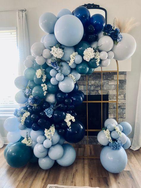 10 foot Navy and light blueBalloon Garland on gold arch Navy Balloon Arch, Senior Year Things, Gold Party Decorations, Gold Theme, Blue Party, Decorations Party, Blue Balloons, Gold Party, Balloon Decorations Party