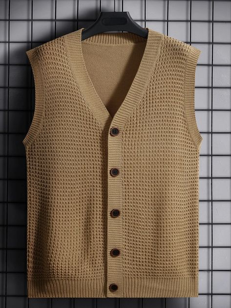 Men Button Front Vest Cardigan | SHEIN USA Cardigan Vest Sleeveless, Men Knitwear, Plain Cardigan, Button Front Sweater, Vest Cardigan, Vest Men, Sweater Vests, Cardigan Sweater Vest, Yellow Cardigan