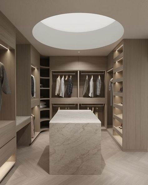 Dezcon Pty Ltd | Walk in Robe of your dreams 💭  Interiors by @dezcon_   #modernhouse #interiordesign #buildingdesigner #fyp #architecturelover #modernh... | Instagram Master Walk In Robe, Walk In Robe With Island, Contemporary Walk In Closet Design, Mens Walk In Wardrobe, Walk In Closet Apartment, Walk In Wardrobe Room, Walking Wardrobe Ideas, Walk In Closet With Island, Walk In Wardrobe Ideas