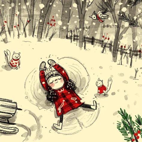 Renee Kurilla, Making Angels, Winter Illustration, Winter Love, Seasons Art, Snow Angels, Arte Animal, Christmas Illustration, Childrens Illustrations