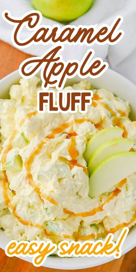 This easy Caramel Apple Fluff recipe is quick to whip up in 20 minutes with sweet and irresistible classic fall flavors. The delicious combination of 6 simple ingredients with chunks of tart apples, cool whip, vanilla pudding, mini marshmallows and caramel makes an easy dessert or salad for potlucks and family gatherings. Apple Trifle Desserts Fall, Caramel Apple Fluff, Caramel And Apples, Recipes Using Marshmallows, Caramel Apple Dessert, Taffy Apple Salad, Fluff Salads, Caramel Apple Salad, Caramel Apple Desserts