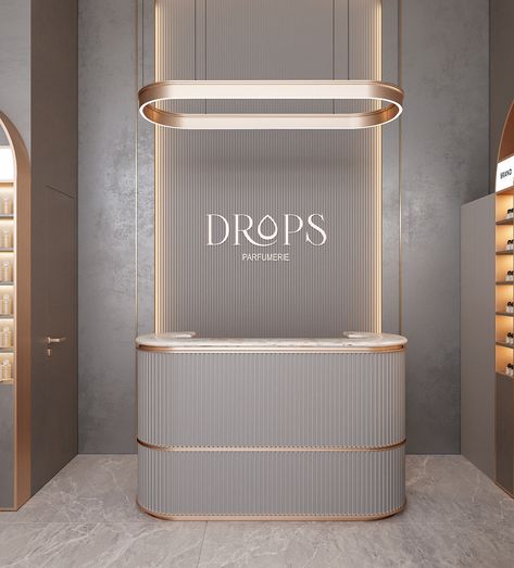 Perfume Boutique Design :: Behance Perfume Store Interior Design, Modern Boutique Interior, Spa Reception Desk, Perfume Boutique, Modern Office Reception, Gold Salon, Salon Office, Spa Reception, Office Table Design